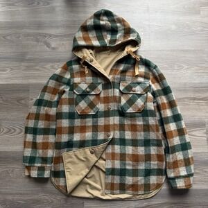 Vintage Woolrich Reversible Wool Plaid Buttons Hooded Jacket USA Size M Tweed